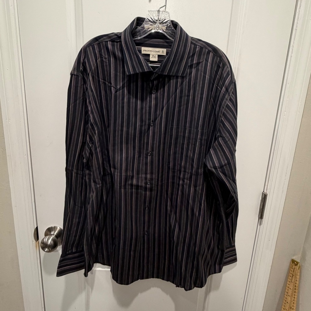 Pronto Uomo Mens Button Down Shirt Non Iron Striped Black XL